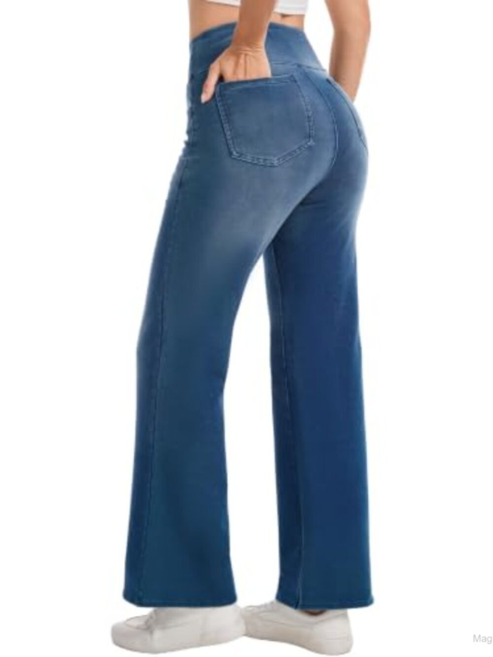 High Waisted Pull On Bootcut Flare Jeans with Pockets Wide Leg Trousers